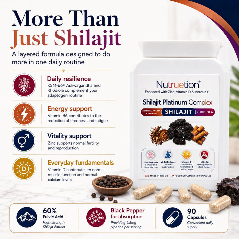 Shilajit Platinum Complex 2000mg with 60% Fulvic Acid, KSM-66® Ashwagandha, Rhodiola, Zinc, Vitamin D3 & B6 | Black Pepper | 90 Vegetarian Capsules | UK Made