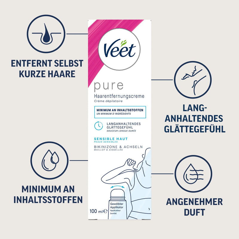 [Australia] - Veet PURE Hair Removal Cream - Suitable for sensitive skin - Use for bikini & underarms - 100 ml tube with curved applicator and spatula 100 ml (pack of 1) 
