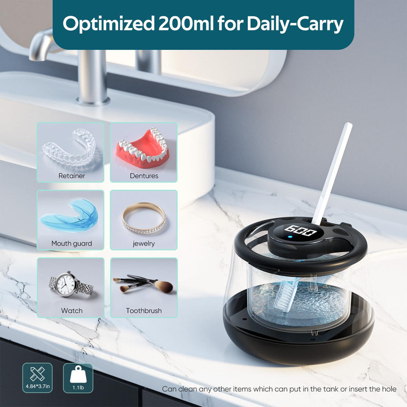 [Australia] - Ultrasonic Retainer Cleaner Machine- 45kHz Denture Cleaner, 200ML Dental Cleaning Pod for Aligners, Mouth Night Guards, Toothbrush Heads & Jewelry, 4 Cleaning Modes, Digital Timer, Black 