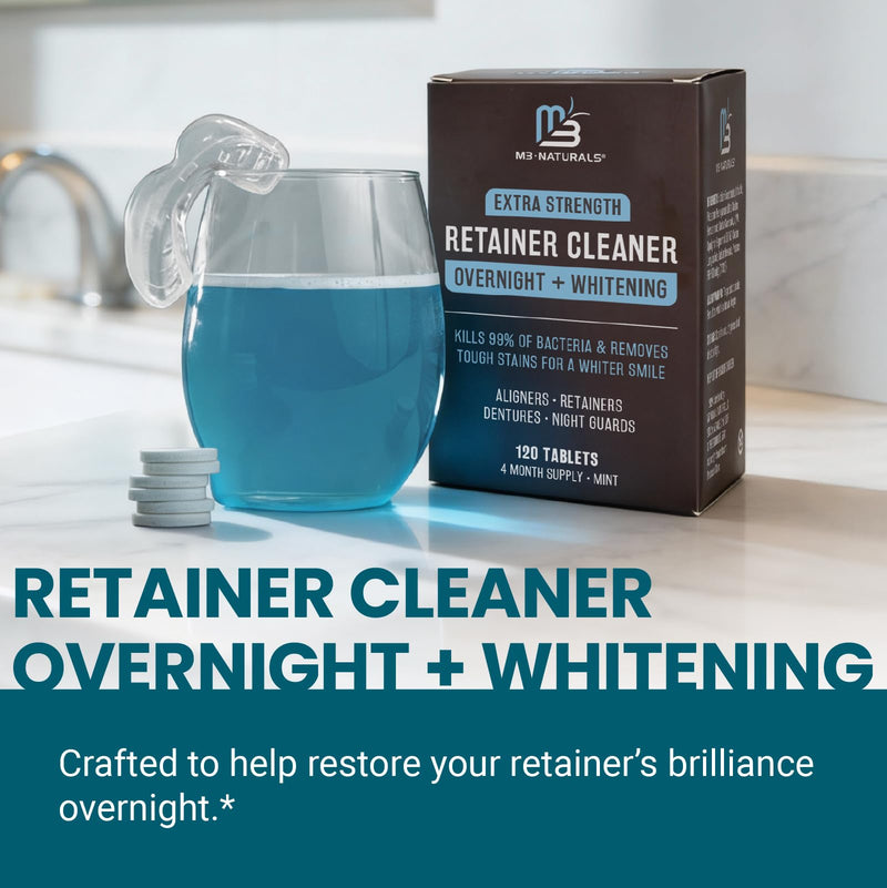 Overnight + Whitening Retainer Cleaner Tablets, Mint, 4 Month Supply by M3 | Compatible with Retainer Cleaner Machine & Ultrasonic Retainer Cleaner, Helps Remove Tough Stains, Buildup, Odors & Plaque Overnight Whitening (120 Count)
