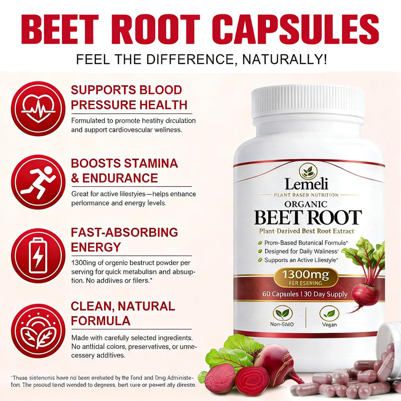 Beetroot, Beet Root Capsules 1300mg Nitric Oxide Booster with Beetroot Extract, Vitamin C & Black Pepper, High Nitrate Vegan Supplement, 60 Count 60 Count (Pack of 1)