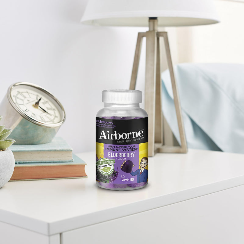 [Australia] - Airborne Elderberry + Zinc & Vitamin C Gummies For Adults, Immune Support Vitamin D & Zinc Gummies With Powerful Antioxidant Vitamins C D & E - 50 Gummies, Elderberry Flavor 50 Count (Pack of 1) Gummy 