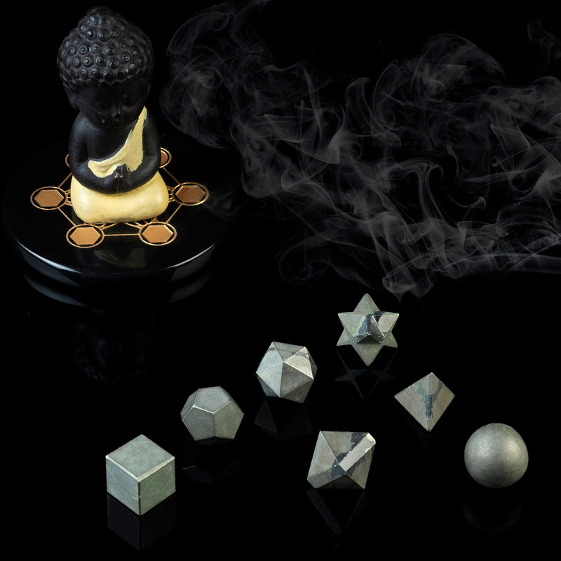 Crocon Golden Pyrite 7 Pcs Crystals Geometry Set Platonic Solids Stone | chakra Sacred Geometric Stones for Meditation Reiki Balancing Healing Chakra Stone Cleansing Spiritual Good Luck (15-20 mm) Set of 7