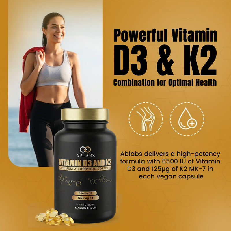 Vitamin D3 (6500iu) & Vitamin K2 MK7 (125μg) Premium Softgel I Ablabs I Made in UK I High-Strength (60) 60