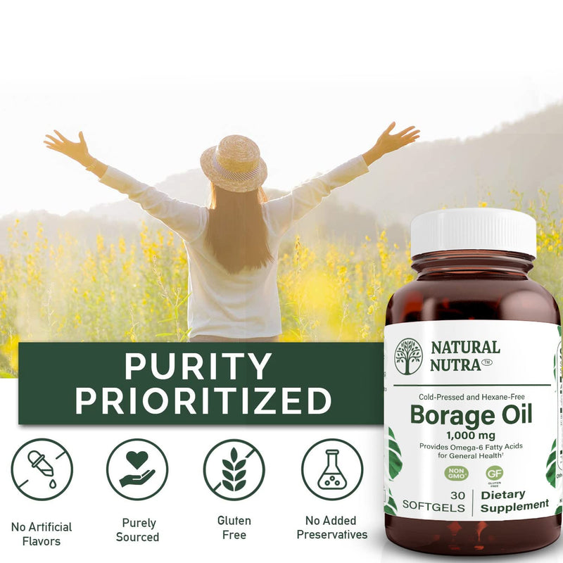 [Australia] - Natural Nutra Borage Oil, Maintain Skin Health, Support Heart Health, Improves Nerve Health,Omega 6 Essential Fatty Acids Supplement 30 Soft gels. 30 Count (Pack of 1) 