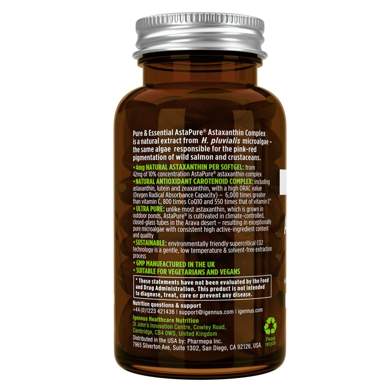 [Australia] - Astaxanthin Complex with Lutein and Zeaxanthin, Natural Algae Antioxidant for Eyes, Skin & Joints, Non-GMO 42 mg Astapure Providing H. Pluvialis Astaxanthin 4mg Softgels, Pure & Essential 