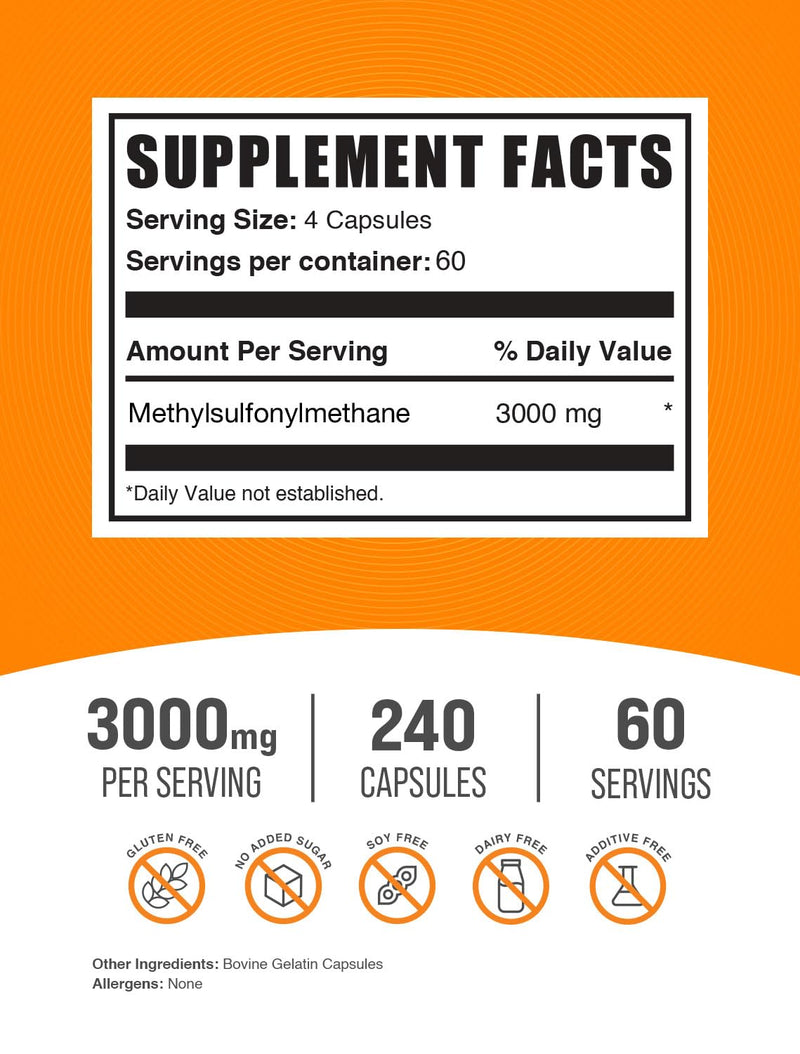 [Australia] - BulkSupplements.com MSM Capsules - Methylsulfonylmethane, MSM 3000mg - Joint Supplements, Gluten Free, 4 Capsules per Serving, 240 Count (Pack of 1) 
