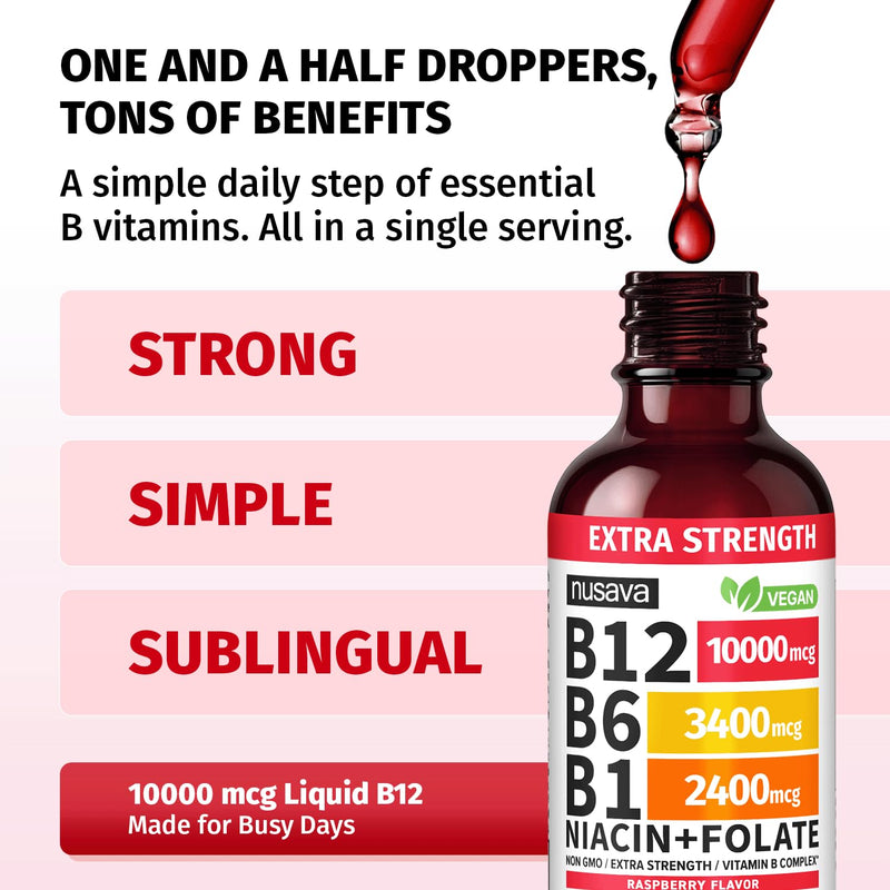 NUSAVA Extra Strength B12 Liquid Drops 10000mcg, Raspberry, Pack of 2 | Energy, Brain and Heart Support, Extra Strength Methylcobalamin B12 with B6, Non-GMO, Sublingual Drops for Women and Men