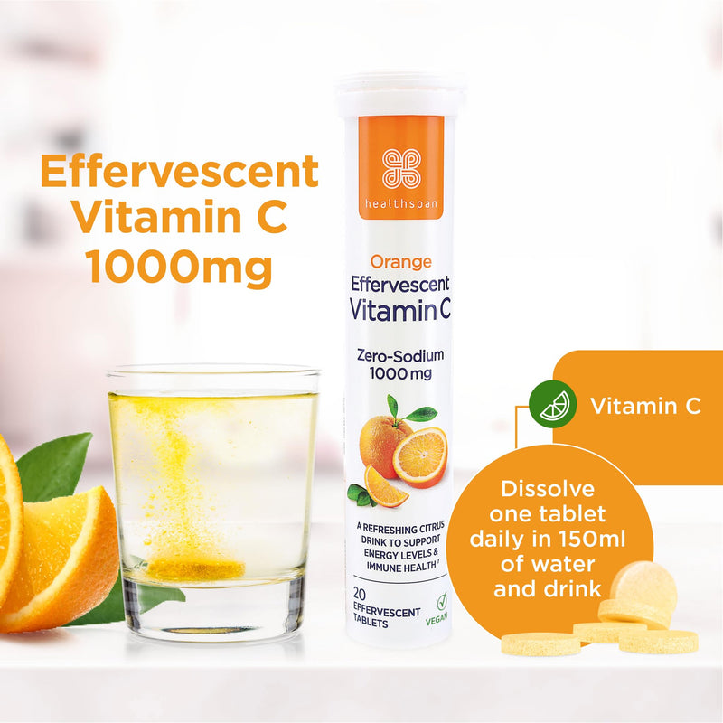 Healthspan Orange Effervescent Vitamin C 1,000mg (40 Tablets) | Supports Immune & Nervous Systems | Maintain Good Energy Levels | Zero-Sodium to Help Maintain Normal Blood Pressure | Vegan