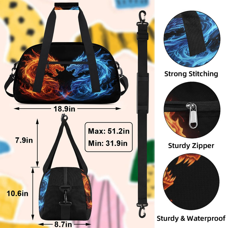 Gym Travel Duffle Bag for Boys - Ice Fire Dragon Kids Overnighter Weekend Bag with Front Zipper Pocket for School Practice, Teens Carry-On Size Sleepover Bags