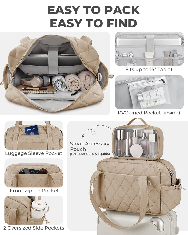 Percover Weekender Bag for Women, Ultra Lightweight Travel Duffle, Carry On Personal Item Overnight Bag with Toiletry Pouch & Compartments, Quilted Gym & Travel Bag, Camel Tan