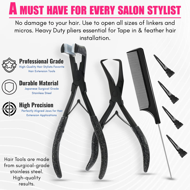 [Australia] - Tape In Hair Extensions Tools Kit – Tape ins Flat Surface Plier, Micro Beads Remover Plier, Sectioning Clips, and Precision Styling Comb for Salon & Home Use (Black) Black 