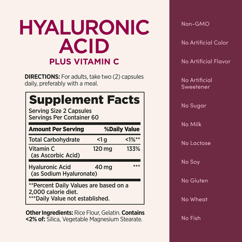 Nature's Bounty Vitamin C and Hyaluronic Acid Supplement, Supports Glowing Skin, Immune Function & Collagen Production, 120 Capsules - 60 Day Supply, Optimal Solutions Supplements for Skin Health 120 Count (Pack of 2)