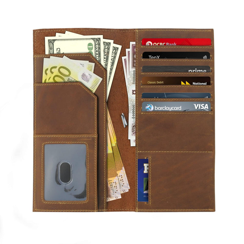 WANDERINGS Genuine Leather Passport Wallet - 4.25 x 9 - Large Leather Passport Holder for Travel - Folding Leather Travel Wallet Case with RFID Blocking, Travel Organizer for Men and Women Tall