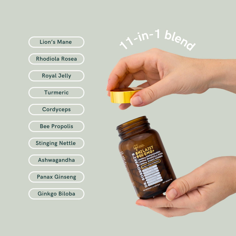 Dr. Sosnowski's BioActive Shilajit Blend with Ashwagandha, Rhodiola Rosea, Lions Mane, Panax Ginseng, Royal Jelly, Ginkgo Biloba, Turmeric, Bee Propolis, Cordyceps and Stinging Nettle| 60 Capsules Shilajit Capsules 60pcs