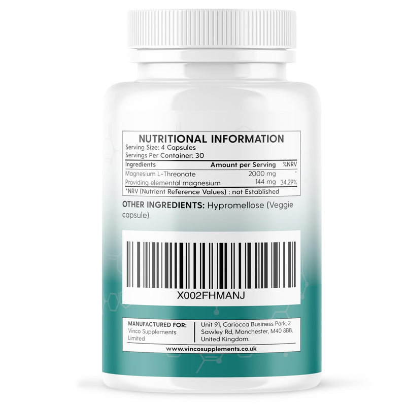 Vinco Magnesium L-Threonate Supplement - 120 High Strength Magnesium L Threonate Capsules - 2000mg Bioavailable Form of Magnesium per Serving - Non-GMO & Gluten Free - Made in The UK White