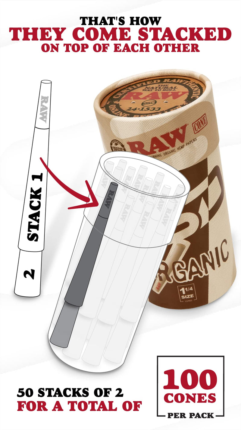 [Australia] - RAW Cones Organic 1-1/4 Size | 100 Pack | Pre Rolled Rolling Paper with Tips & Packing Tubes Included 