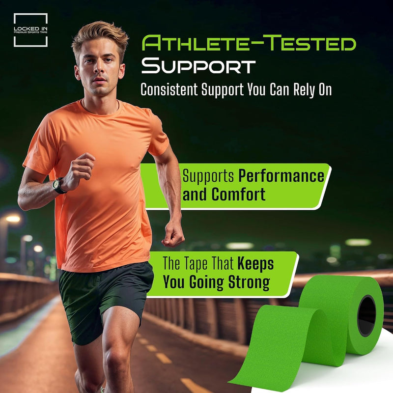 Locked in Kinesiology Tape - Sports Physio Tape for Muscle & Joint Support - Sweat Resistant, Hypoallergenic & Long Lasting Adhesive for Training, Recovery & Rehab (Green, 6 Rolls) Green