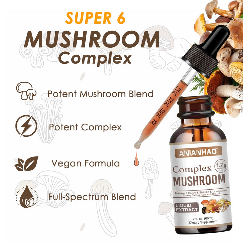 Mushroom Complex 6 1200mg | Mushroom Supplement with Lions Mane, Reishi, Agaricus, Shiitake, Turkey Tails & Maitake | High Strength for Immune, Brain, Focus & Energy | 100% Vegan 60ml