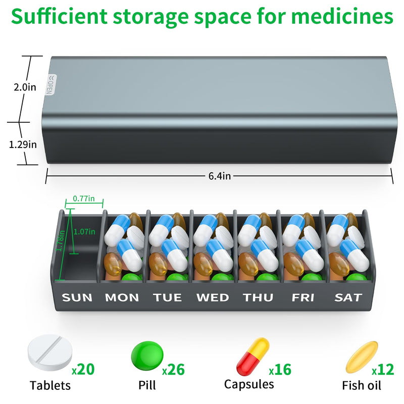 Metal Weekly Pill Organizer 7 Day,Removable Comparments Daily Pill Box, Travel Pill Case, Large Capacity Cute Pill Holder to Hold Vitamins, Medicines, Supplements, Pills Organizer