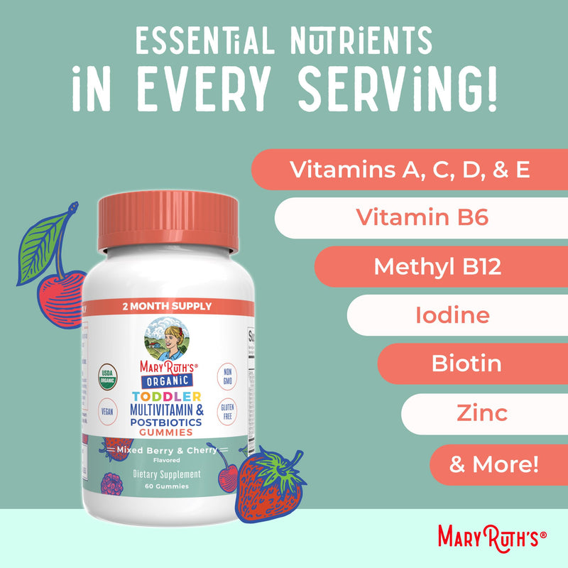 MARYRUTH'S Organic Toddler Multivitamin Gummies + Postbiotics, 60 Servings | USDA Organic, For Kids Ages 2+, Immune Support, Vitamin C, D3, A, Zinc, Vegan, Non-GMO