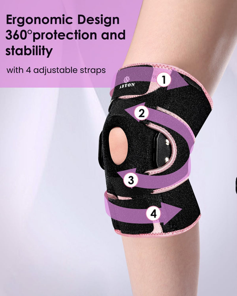 [Australia] - ABYON Hinged Knee Brace for Men & Women Meniscus Tear, ACL/MCL Pain, Arthritis - Maximum Knee Support with Metal Side Stabilizers, Adjustable 360° Wraparound Strap for Knee Pain and Post-Surgery Recovery - Please Check How To Size Video Large Black-Pink 