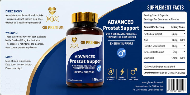 Advanced Prostate Supplement, 120 Capsules, with Nettle Leaf, Pumpkin Seed, Zinc, Turmeric & Vitamin B2