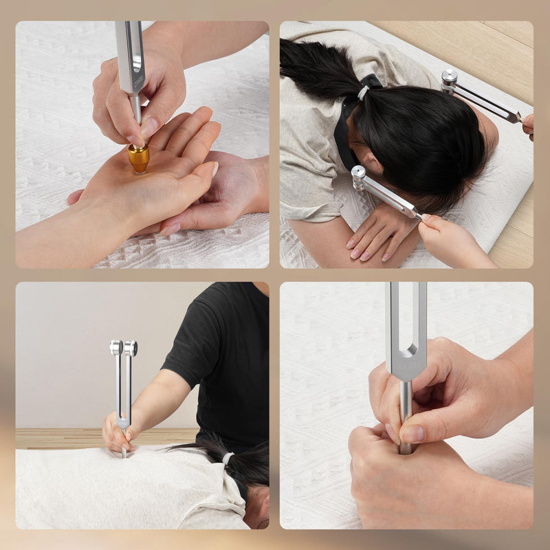 [Australia] - Tuning Forks for Healing Set (128Hz, 256Hz, 512Hz), with Percussion Hammer Mallet, Crystal Base & Storage Pouch, Sound Therapy Instrument for Chakra/Yoga/Meditation 