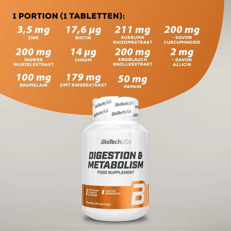 [Australia] - BioTechUSA Digestion & Metabolism, dietary supplement tablets with plant extracts, enzymes, minerals and biotin, 60 tablets 