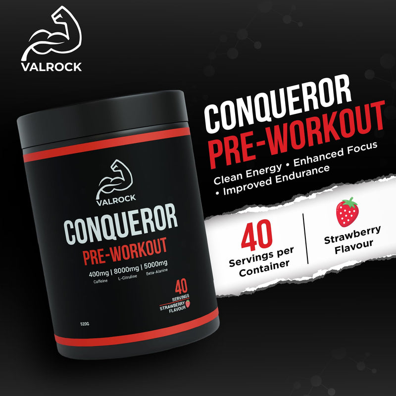 Conqueror High Stim Pre-Workout Powder (520g) - Caffiene, L-Citrulline, Beta-Alanine | Energy & Endurance Support - Strawberry Flavour (40 Servings)