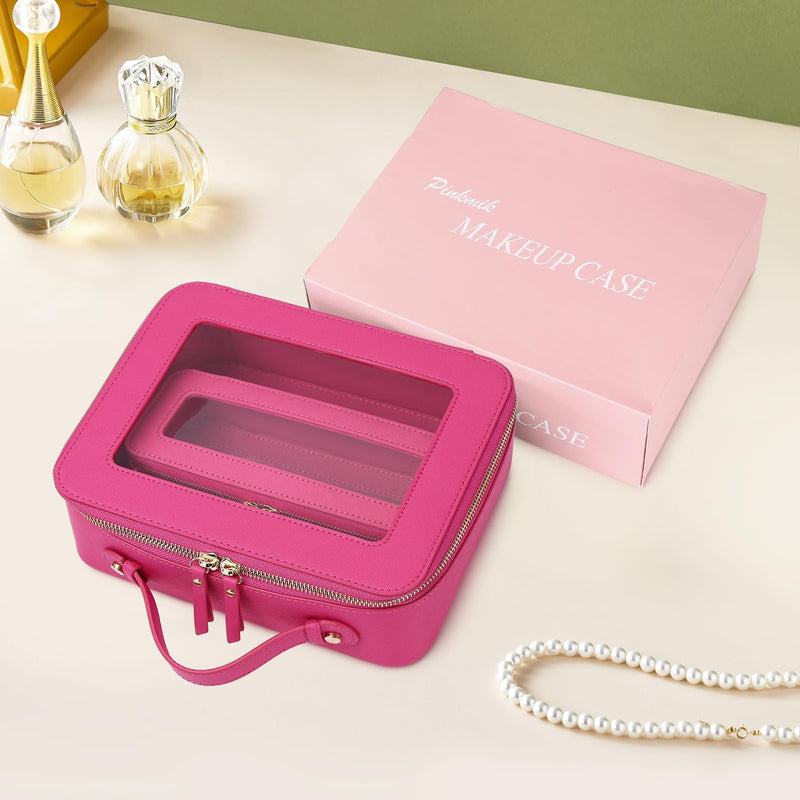 Pinkmik Travel Clear Makeup Bag with Brush Bag Portable Cosmetic Bag Case Transparent Toiletry Bag Cosmetic Organizer Storage Bag for Wome (X/Fuxia, L+SLIM) X/Fuxia