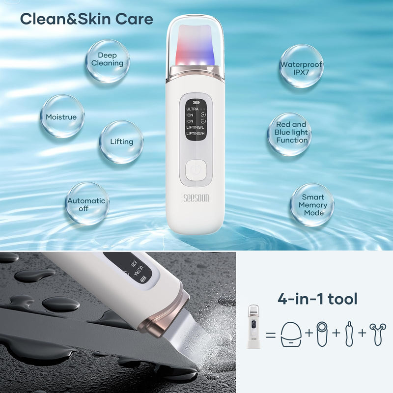 [Australia] - 4 in1 Facial Skincare Scrubber,Skin Scrubber Face Spatula - Blackhead Remover with 4 Modes, Pore Extractor Face Spatula Deep Cleansing for Facial Skincare LCD Display, IPX7 Waterproof-Purple-White white 