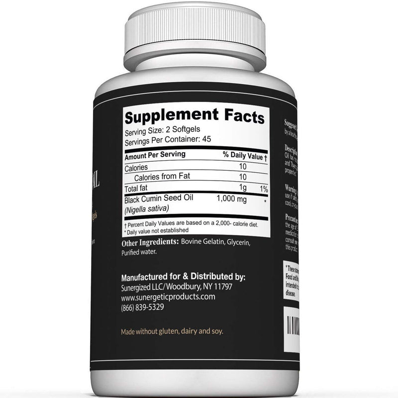 [Australia] - Sunergetic Premium Black Cumin Seed Oil Softgels – 1,000mg of Black Seed Oil Per Serving – Non GMO Cold Pressed Nigella Sativa – Includes Thymoquinone & Omega’s - 90 Softgels 