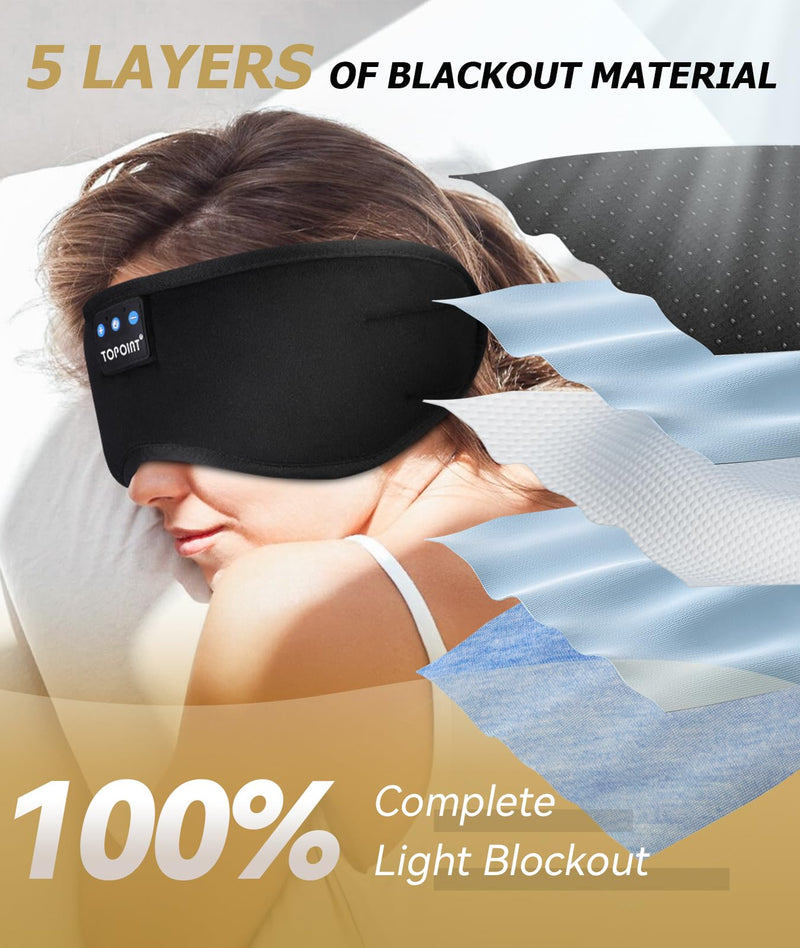 [Australia] - TOPOINT Sleep Mask with Headphones Bluetooth 5.4 Wireless, Sleep Headphones Earphones Earbuds with Microphone HD Speakers Music, Blackout Eye Mask for Sleeping Travel Meditation Men Women Cool Gadgets Ample Velvet Black 
