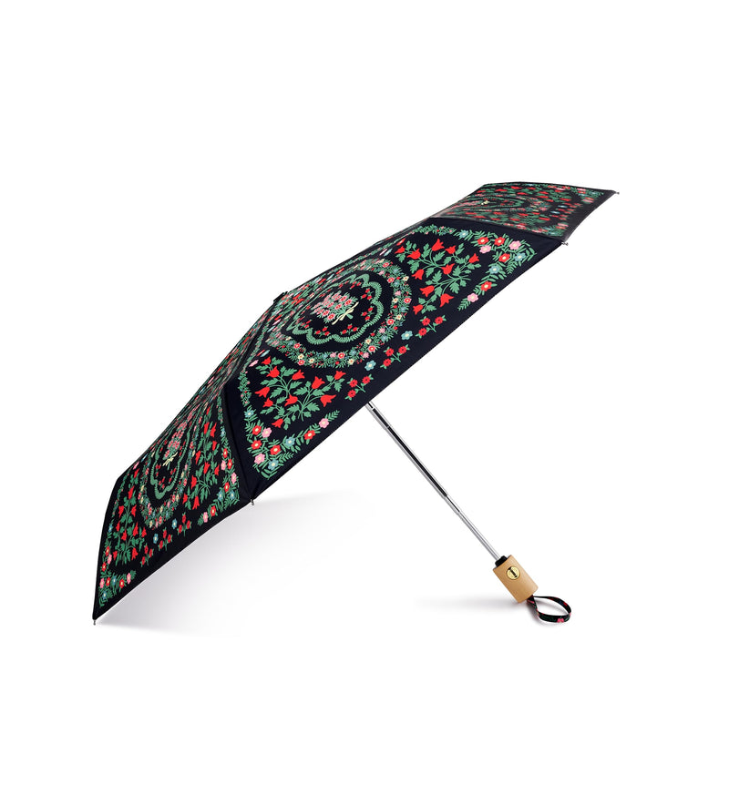 RIFLE PAPER CO. Rosette Umbrella with Matching Patterned Storage Sleeve | Automatic Open & Close Function, 43" Open Diameter, 11" Closed Length, Wooden Handle, Wrist Strap, Folds to Portable Size