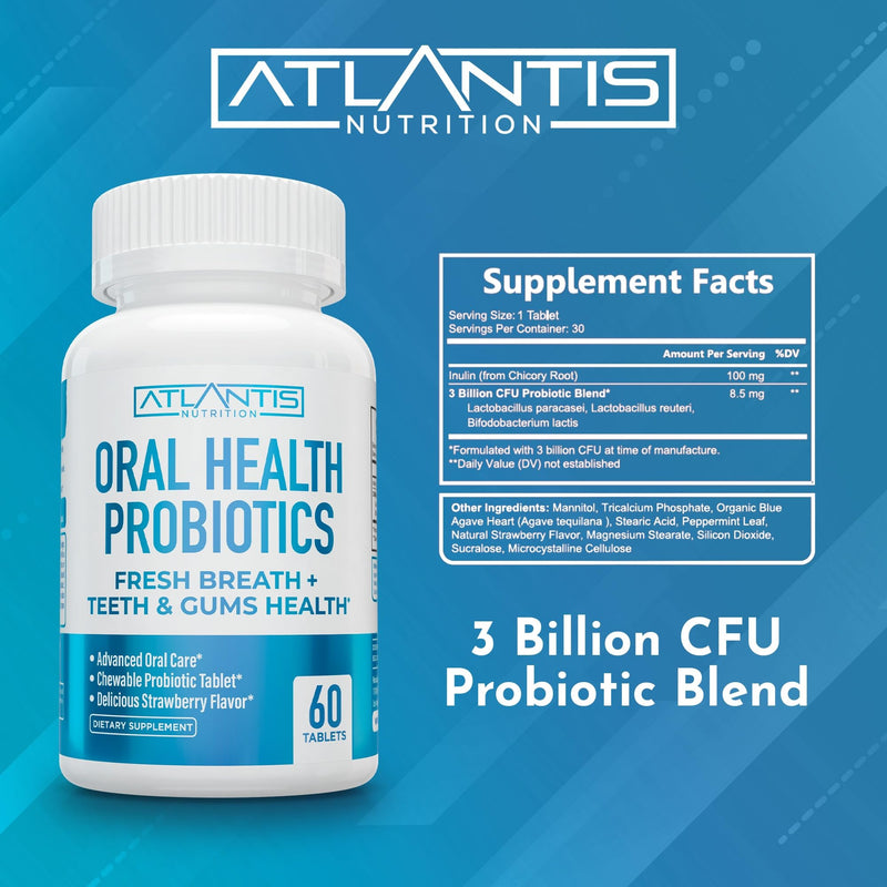 [Australia] - Atlantis Nutrition Oral Probiotics Chewable Tablet - Dental Probiotic for Gum Care & Teeth Care - Bad Breath Treatment for Adults - 3 Billion CFU Probiotic Blend - Strawberry Flavor - 60 Tablets 60 Count (Pack of 1) 