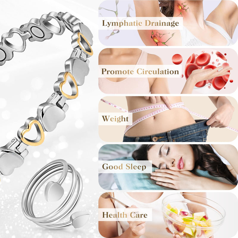 [Australia] - Lymph Detox Magnetic Bracelet, Titanium Bracelet for Women, Lymphatic Drainage Ring&Bracelet with 3500 Gauss Magnets-Jewelry Gift Set with Adjustment Tool Love Heart-S 