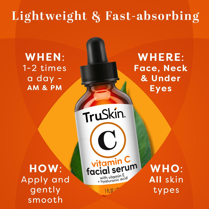 [Australia] - TruSkin Vitamin C Serum – Anti Aging Facial Serum with Vitamin C, Hyaluronic Acid, Vitamin E & More – Brightening Serum for Dark Spots, Even Skin Tone, Eye Area, Fine Lines & Wrinkles, 2 Fl Oz 2 Fl Oz (Pack of 1) 
