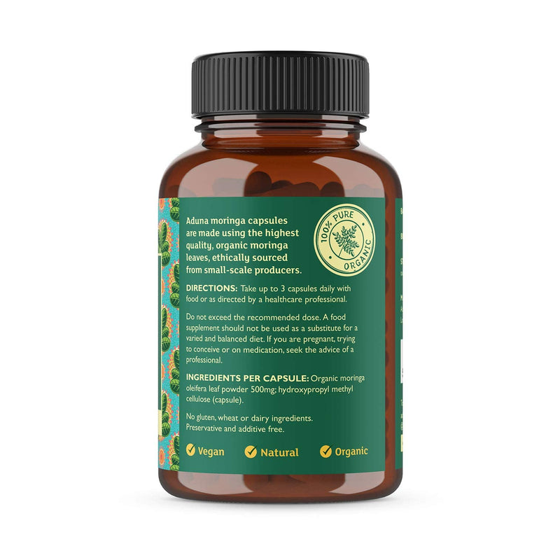 Aduna Organic Moringa Capsules 1500mg | 100% Pure Moringa Leaf for Energy, Immunity & Focus | Natural Plant-Based Food Supplement for Tiredness, Recovery & Breastfeeding | 180 Vegan Capsules