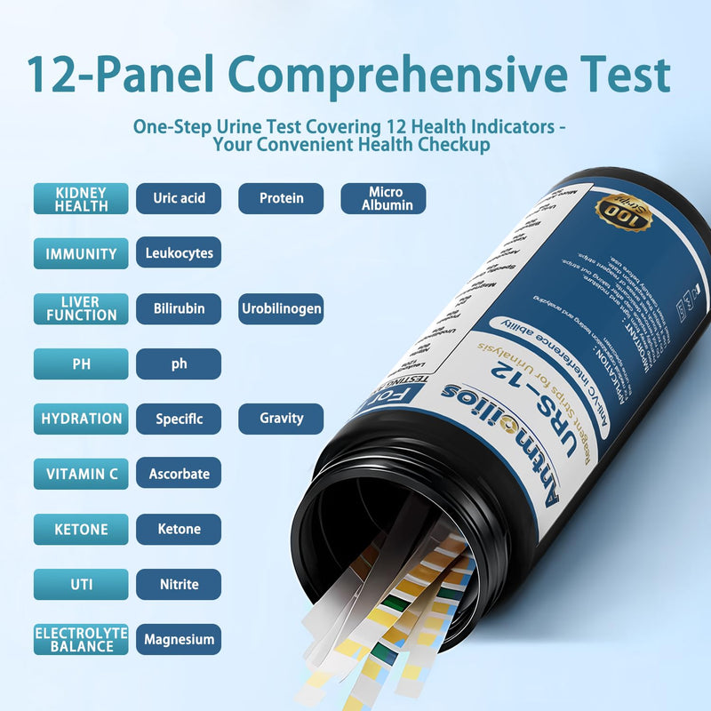 [Australia] - 12-Panel UTI Test Strips Kits for Urinalysis 100ct, Women Urine Treatment & Prevention at Home, URS Testing Kit for Kidney, Liver, UTI, Keto Diet, Ketosis, Hydration, Proteinuria, & More 