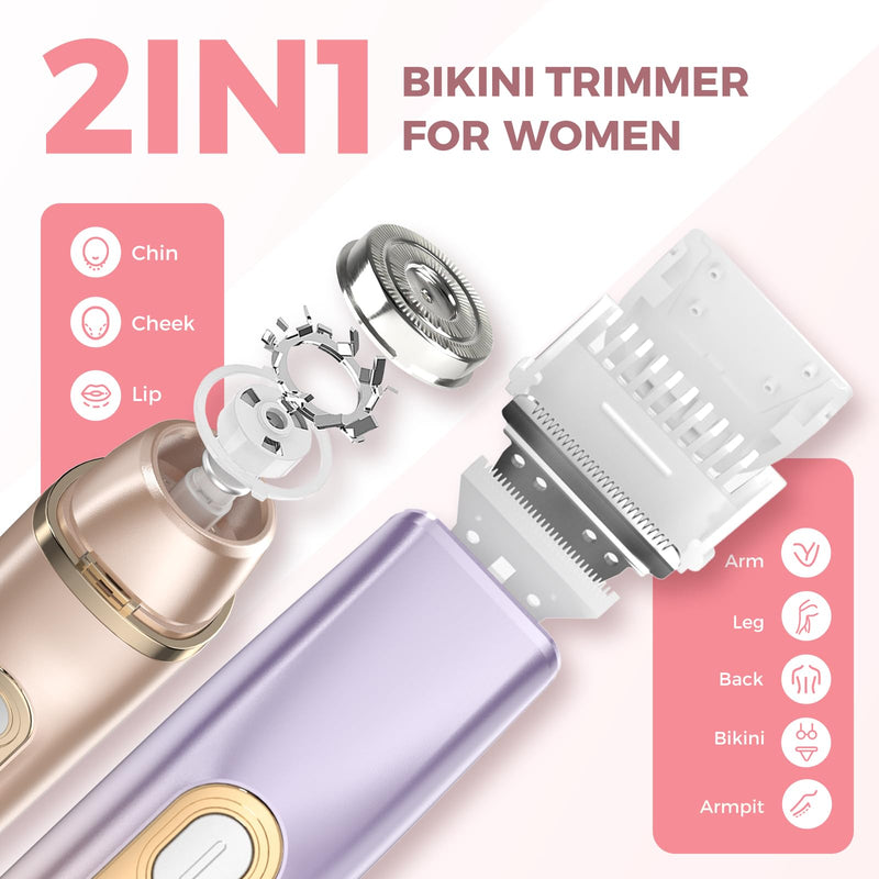 [Australia] - 2 in 1 Bikini Trimmer for Women, Dual Head Electric Razor, IPX7 Waterproof Wet/Dry Use Women Electric Shaver, Painless Body Facial Hair Remover for Bikini Legs Arm Underarm, (Lavender) Lavender 