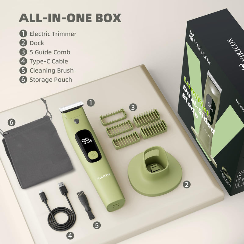 [Australia] - VIKICON Body Hair Trimmer for Men & Women: Safety Electric Razor for Pubic, Legs, Chest, Face w/Dual-Sided Single Blade & 5 Guide Combs, Waterproof Smooth Intimate Shaver, 150min Long Battery Life 