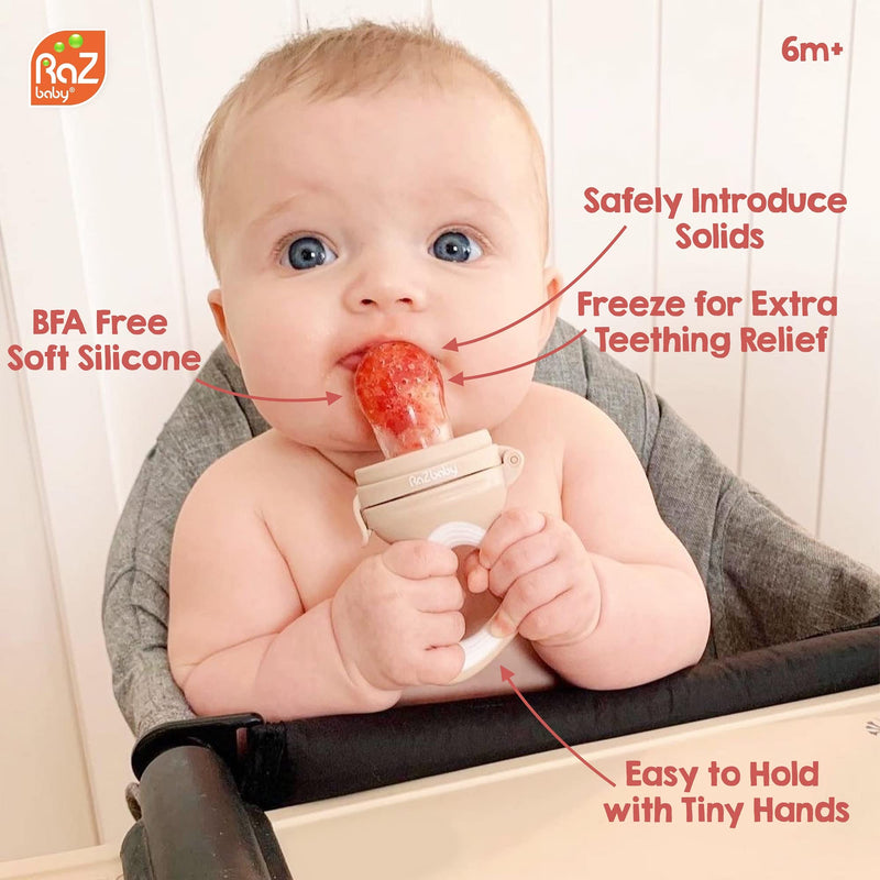 [Australia] - RaZbaby Baby Solids/Frozen Fruit Feeder Pacifier, Infant Teether Toy 6M+, BPA-Free Silicone Pouch & Nipple, Safely Introduce Solids, Teething Relief, Dishwasher Safe, 2-Pack – Orange/Blue + Green/Blue Blue/ Orange 