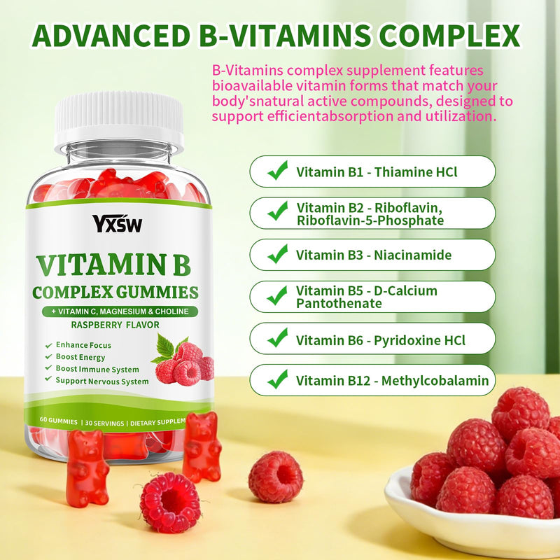 Vitamin B Complex Gummies for Women & Men - Vitamin B12, B1, B2, B3, B5 & B6 -B Complex Vitamin Supplements with Vitamin C,Magnesium & Choline, Raspberry Flavor, 60 Count 60 Count (Pack of 1)