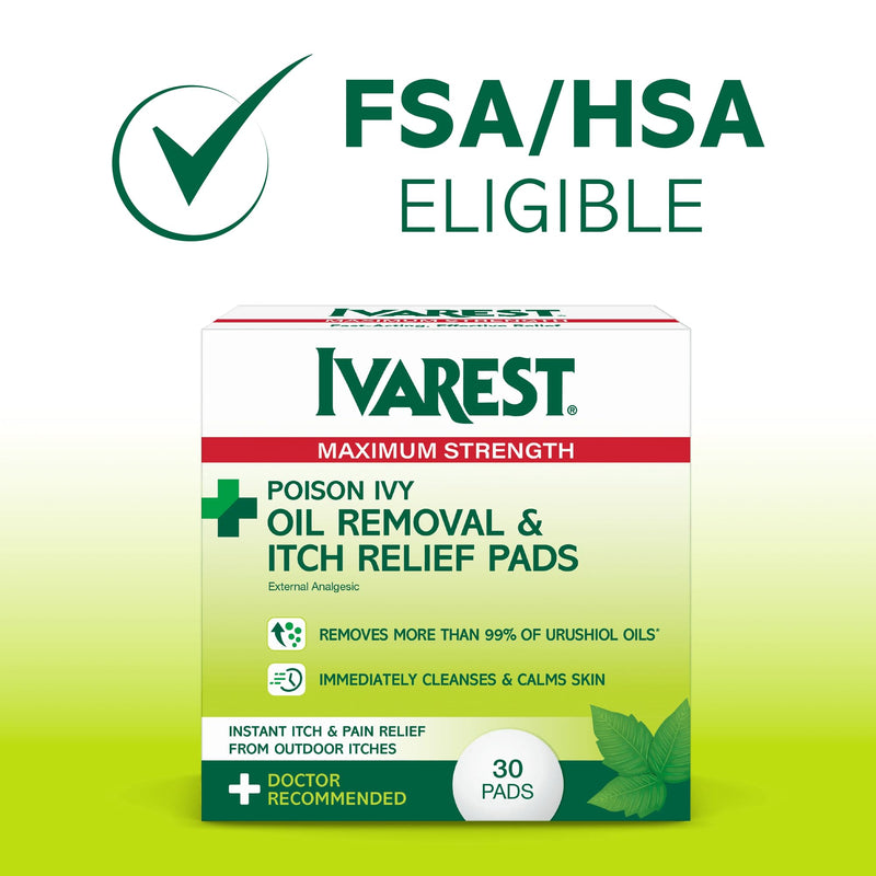 [Australia] - Ivarest Poison Ivy Oil Removal and Itch Relief Pads, 30 Count, Poison Ivy Wipes, Max Strength, Poison Plant and Insect Bite Relief, Poison Ivy, Oak, Sumac Treatment, Anti-Itch, Medicated, 30 ct. 