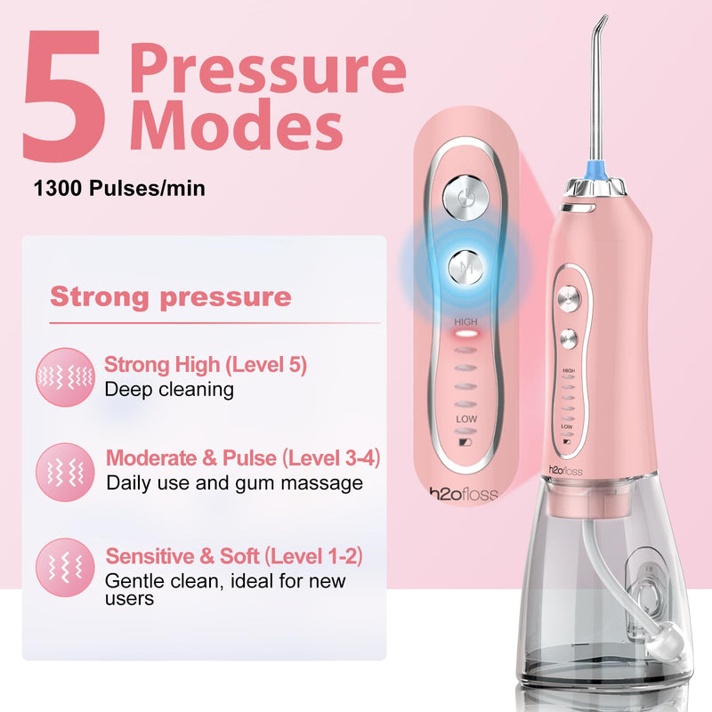 [Australia] - Water Dental Flosser Teeth Cleaner Pick, H2ofloss Cordless Portable Oral Irrigator,5 Mode IPX7 Waterproof Teeth Picks 300ML Rechargeable WaterFlosser for Home Travel (Pink) Pink 