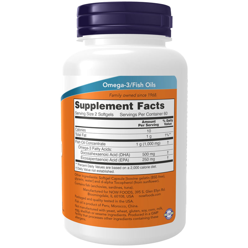 NOW Supplements, DHA-250 with 125 EPA, Molecularly Distilled, Supports Brain Health*, 120 Softgels 120 Count (Pack of 1)