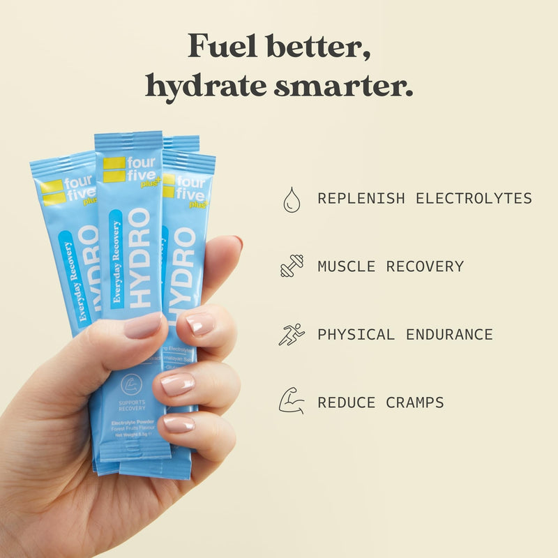 fourfive Hydration Sachets (Recovery Blend) Hydro Electrolytes Powder with Vitamins, BCAAs & Cordyceps, for Enhanced Recovery - Forest Fruits, 30 Sachets 1 count (Pack of 30)