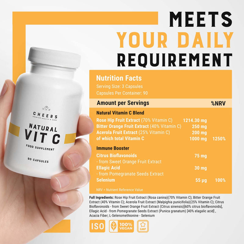CHEERS - Natural Vitamin C, 90 Vegan Capsules, Immune System Booster Made from Rose Hip, 1000mg Vitamin C Tablets with Grapefruit and Acerola Extracts