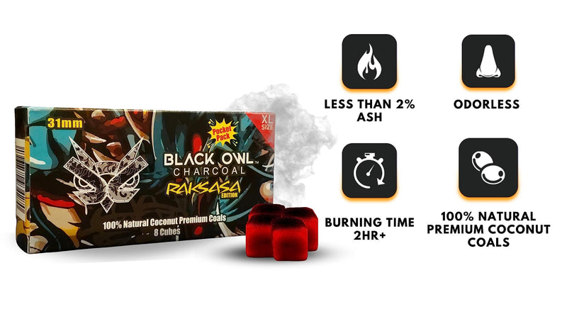 [Australia] - 100% Natural Coconut Premium Hookah Shisha Narguile Charcoal, 31MM RAKSASA Edition, 2+ Hours Burn Time, Non-Quick Lighting, Odor-Free, Eco-Friendly, (8 Large Cubes) 8 Large Cubes 